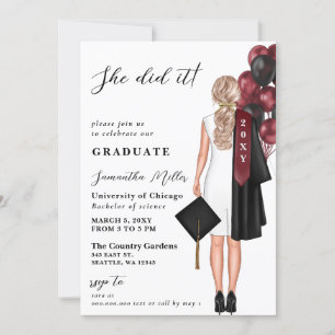 Modern Burgundy Photo She Did It Graduation Invitation