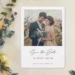 Modern Burgundy Photo Wedding Save the Date<br><div class="desc">This simple, modern photo wedding save the date flat card has a clean, fresh minimalist design. The front features a lively modern Save the Date text in black below your photo, your first names in an elegant shade of burgundy and date and wedding location below that. This 'save the date'...</div>