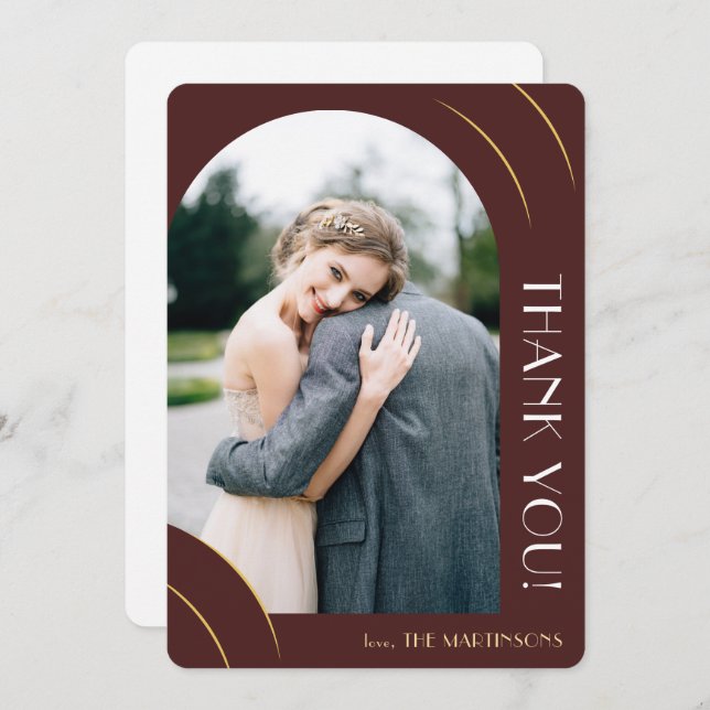 Modern Burgundy Photo Wedding Thank You Card (Front/Back)
