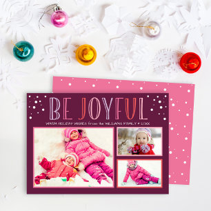 Modern Burgundy Pink Be Joyful Photo Collage Holiday Card