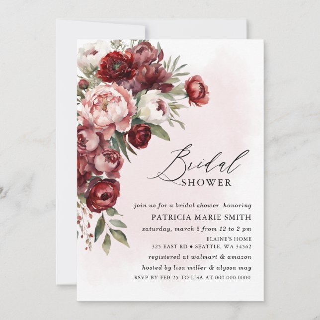 Modern Burgundy Pink Blush Floral Bridal Shower Invitation (Front)