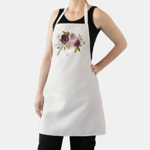 Modern Burgundy Pink Floral Watercolor Monogram Apron