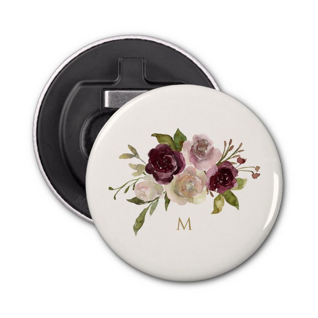 Modern Burgundy Pink Floral Watercolor Monogram Bottle Opener (Front)