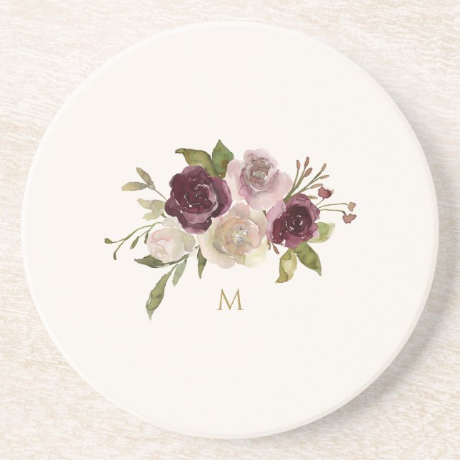 Modern Burgundy Pink Floral Watercolor Monogram Coaster (Front)