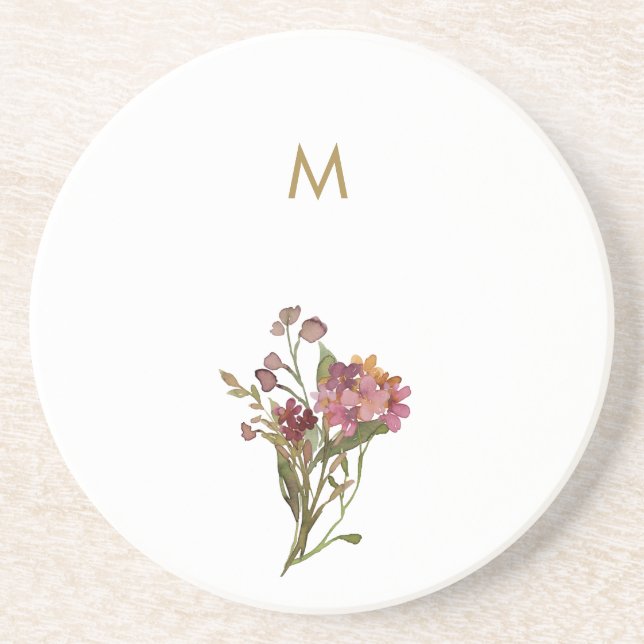 Modern Burgundy Pink Floral Watercolor Monogram Coaster (Front)