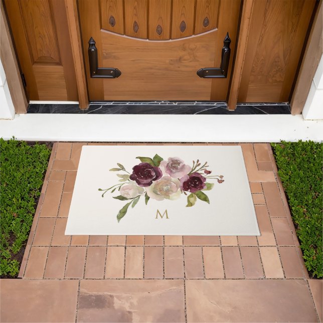 Modern Burgundy Pink Floral Watercolor Monogram Doormat (Outdoor)