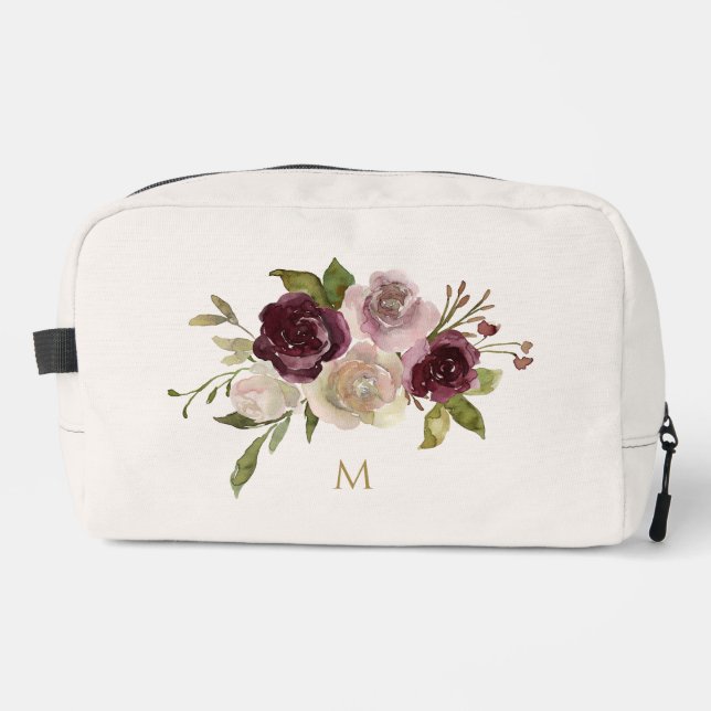 Modern Burgundy Pink Floral Watercolor Monogram Dopp Kit (Front)