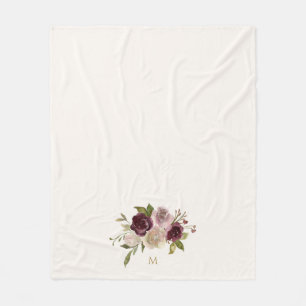 Modern Burgundy Pink Floral Watercolor Monogram Fleece Blanket
