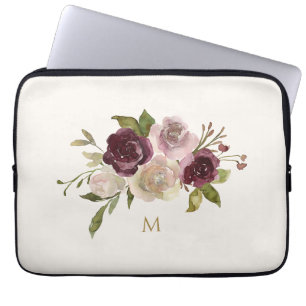 Modern Burgundy Pink Floral Watercolor Monogram Laptop Sleeve