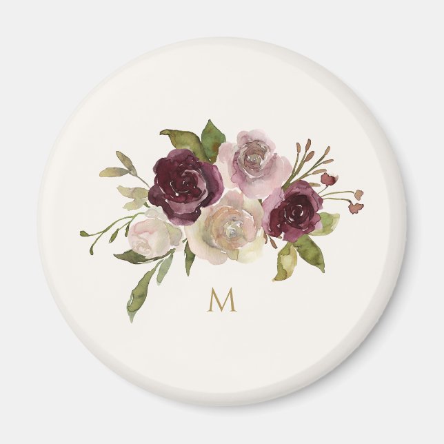 Modern Burgundy Pink Floral Watercolor Monogram Magnet (Front)