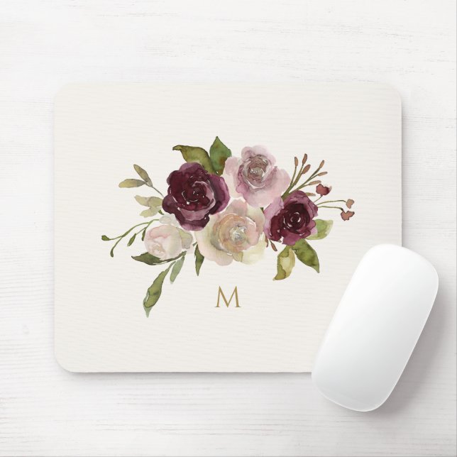 Modern Burgundy Pink Floral Watercolor Monogram Mouse Mat (With Mouse)