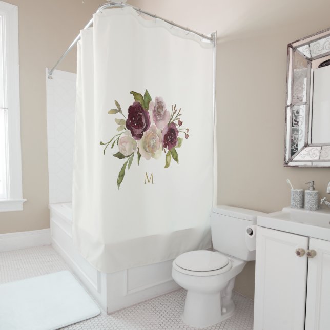 Modern Burgundy Pink Floral Watercolor Monogram Shower Curtain (In Situ)