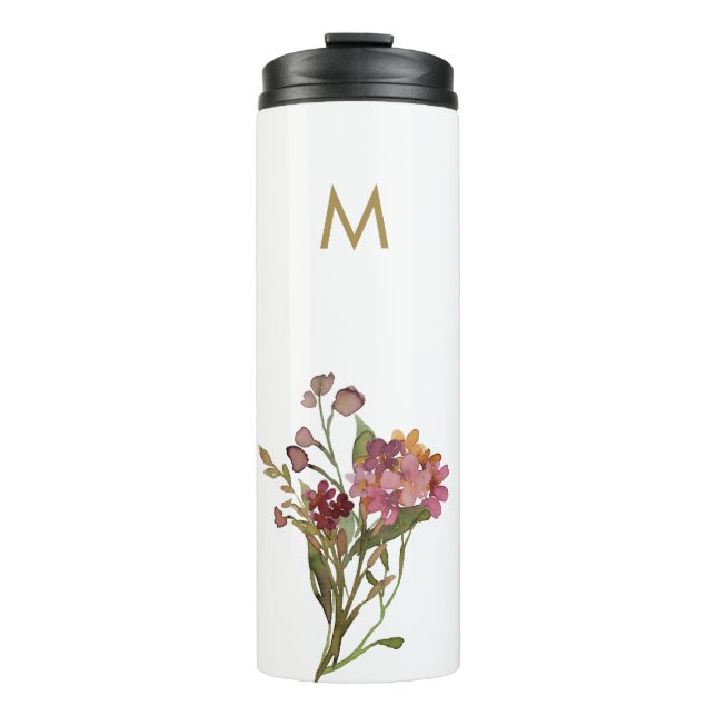 Modern Burgundy Pink Floral Watercolor Monogram Thermal Tumbler (Front)