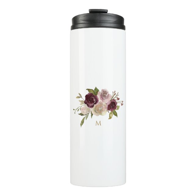 Modern Burgundy Pink Floral Watercolor Monogram Thermal Tumbler (Front)