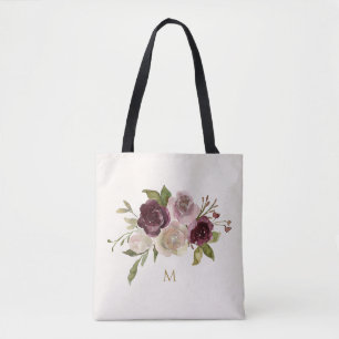 Modern Burgundy Pink Floral Watercolor Monogram Tote Bag