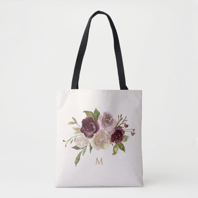 Modern Burgundy Pink Floral Watercolor Monogram Tote Bag (Front)