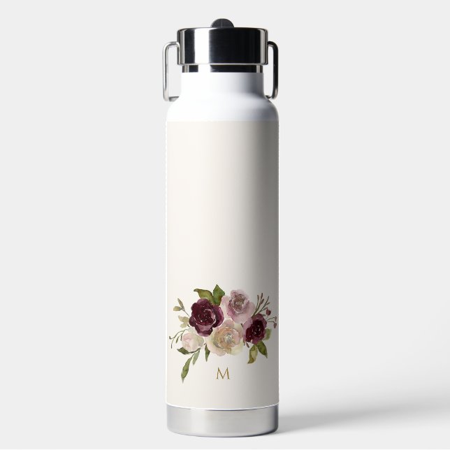 Modern Burgundy Pink Floral Watercolor Monogram Water Bottle (Front)