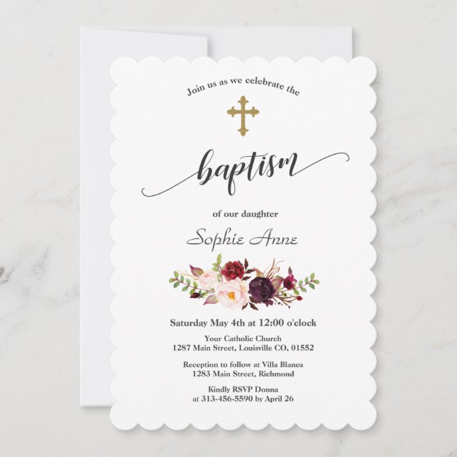 Modern Burgundy Pink Flowers Gold Cross Baptism Invitation (Front)