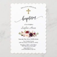 Modern Burgundy Pink Flowers Gold Cross Baptism