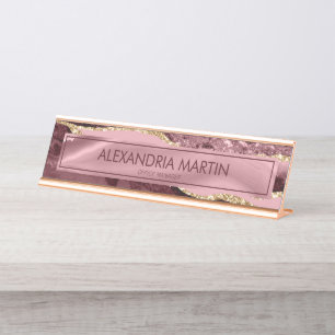 Modern Burgundy Pink Gold Glitter Marble Agate Desk Name Plate
