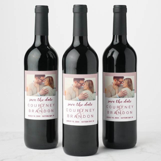 Modern Burgundy Pink Wedding Photo Save the Date Wine Label (Bottles)