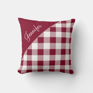 Modern Burgundy Plaid Gingham Pattern Name Cushion