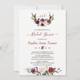 Modern Burgundy Plum Floral Antlers Bridal Shower Invitation