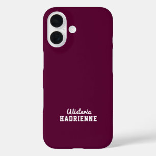 Modern Burgundy Plum White Sports Monogram Name iPhone 16 Case
