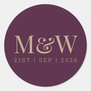 Modern Burgundy Plum Wine Bride Groom Monogram Classic Round Sticker