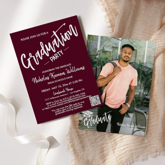 Modern Burgundy QR Code Photo Graduation Party Invitation (Creator Uploaded)
