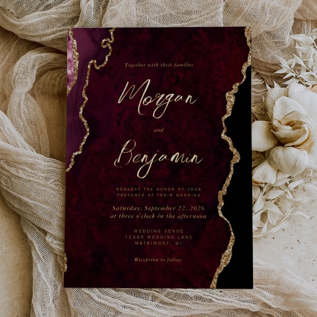 Modern Burgundy Red Agate Script Wedding (Creator Uploaded)