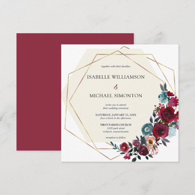 Modern Burgundy Red and Pink Rose Floral Invitation (Front/Back)