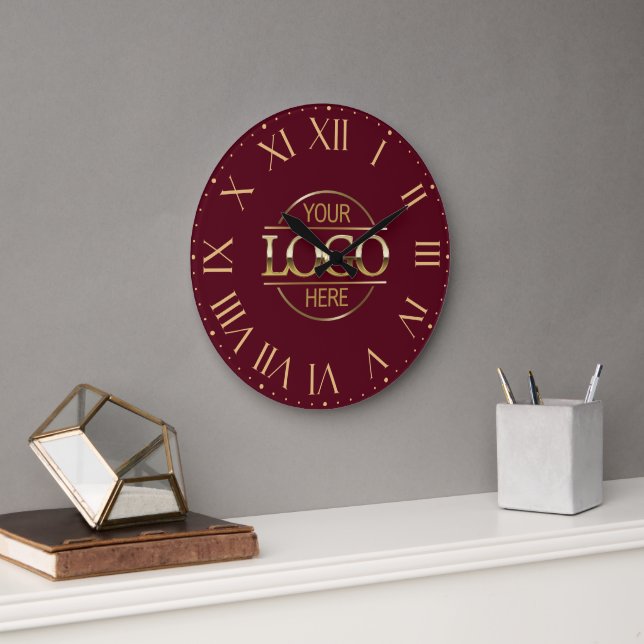 Modern Burgundy Red Branded Company Business Logo Large Clock (Office)
