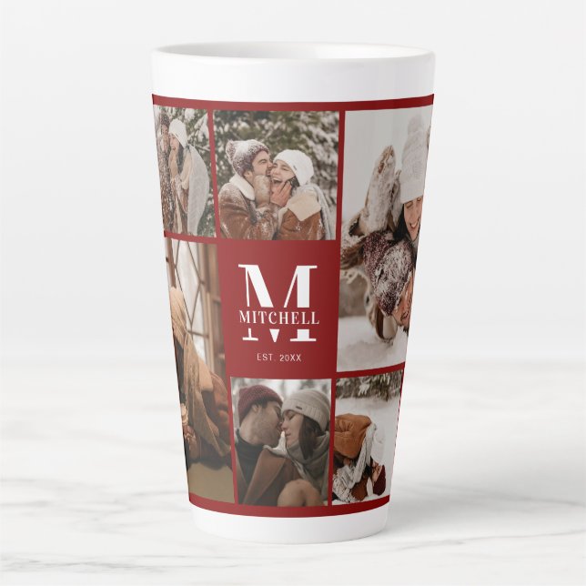 Modern Burgundy Red Family Photo Collage Keepsake Latte Mug (Front)