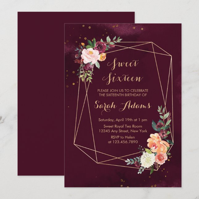 Modern Burgundy Red Floral Watercolor Sweet 16 Invitation (Front/Back)
