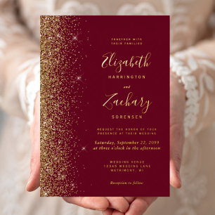 Modern Burgundy Red Gold Faux Glitter Edge Wedding