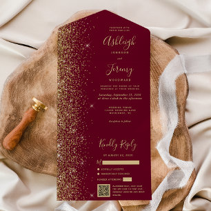 Modern Burgundy Red Gold Glitter QR Code Wedding All In One Invitation