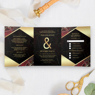 Modern Burgundy Red Gold Marble Ampersand Wedding Tri-Fold Invitation