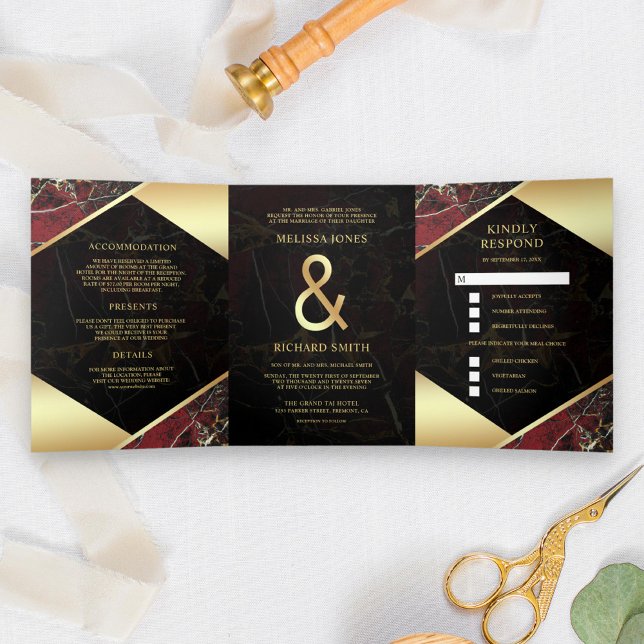 Modern Burgundy Red Gold Marble Ampersand Wedding Tri-Fold Invitation (Creator Uploaded)