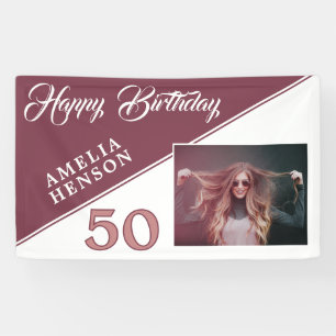 Modern Burgundy Red Happy Birthday Photo  Banner