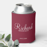 Modern Burgundy Red Personalised Groomsman Can Cooler<br><div class="desc">Personalised Groomsman Gifts
featuring personalised groomsman's name in white modern script font style with title and wedding date in modern sans serif font style on burgundy red background.

Also perfect for best man,  father of the bride,  bridesmaid,  maid of honour,  mother of the bride and more.</div>