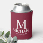 Modern Burgundy Red Personalised Groomsman Can Cooler<br><div class="desc">Modern Personalised Groomsman Gifts
featuring personalised monogram,  groomsman's name and title in white classic serif font style on burgundy red background.

Also perfect for Best Man,  Father of the Bride and more.</div>
