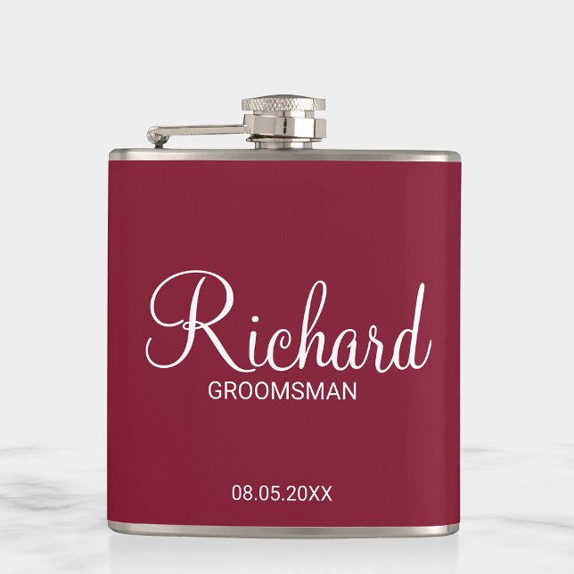 Modern Burgundy Red Personalised Groomsman Hip Flask (Creator Uploaded)