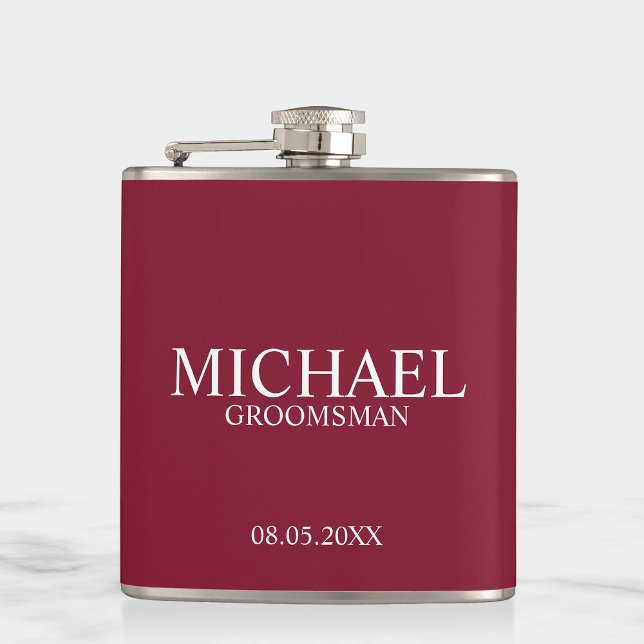 Modern Burgundy Red Personalised Groomsman Hip Flask (Creator Uploaded)