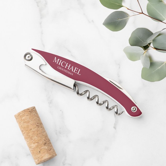 Modern Burgundy Red Personalised Groomsmen Corkscrew (Creator Uploaded)