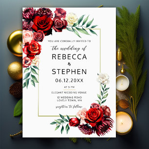 Modern Burgundy Red Rose Floral Gold Frame Wedding Invitation