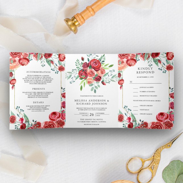 Modern Burgundy Red Roses Floral 3 in 1 Wedding Tri-Fold Invitation (Creator Uploaded)