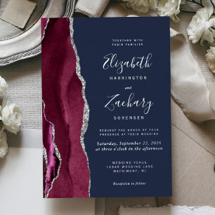Modern Burgundy Red Silver Agate Navy Blue Wedding