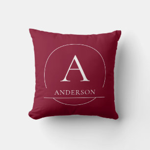Modern Burgundy Red Simple Family Name Monogram Cushion