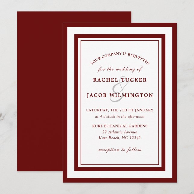 Modern Burgundy Red White Border Simple Wedding Invitation (Front/Back)
